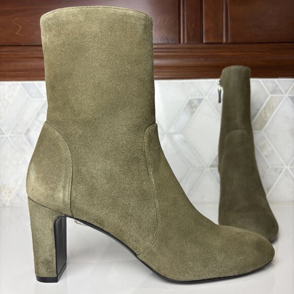 8B Green Suede Leather Block Heel Zip Zipper Almond Toe Ankle Boot Bootie Vida - Picture 4 of 14